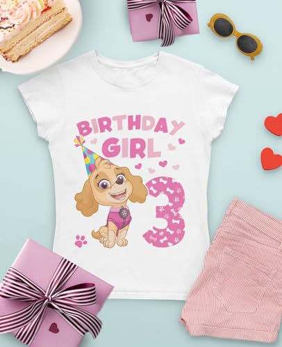 Image of Tstars Skye Birthday Girl 3 Gifts for Three Years Old Bday Paw Patrol Theme Party Toddler Kids Girls Fitted T-Shirt A51144d