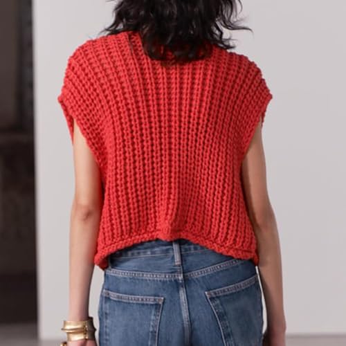 Image of Hixiaohe Womens Crochet Chunky Knit Top Sleeveless Button Down Crop Tops Trendy Cardigan Sweater Vest for Women with Pockets
