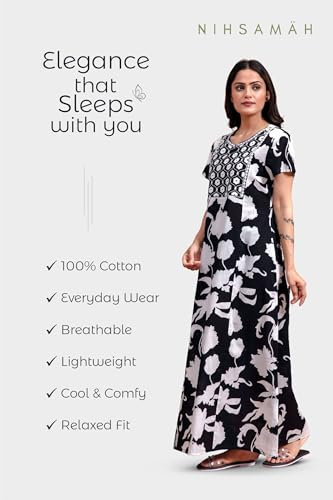 Image of NIHSAMAH Cotton Nighty for Women - Printed Stylish Night Gown, Comfortable Sleepwear Long Nightwear, Maxi