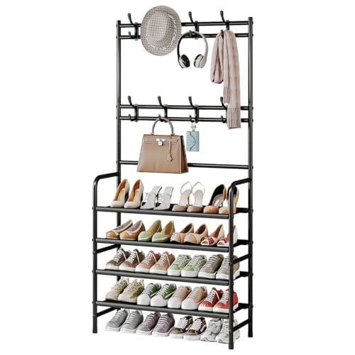 YIZAIJIA Coat Rack Shoe Rack With Storage Shelf Freestanding with 8 Hooks for Entryway Bedroom Closet 4 Tier Black