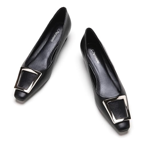 C.Paravano Women's Pumps Square Toe Low Heels Trapezoid Metal Buckle Closed Chunky Heel Dress Shoes Soft Leather Low Block Heels for Casual Outfits Satin