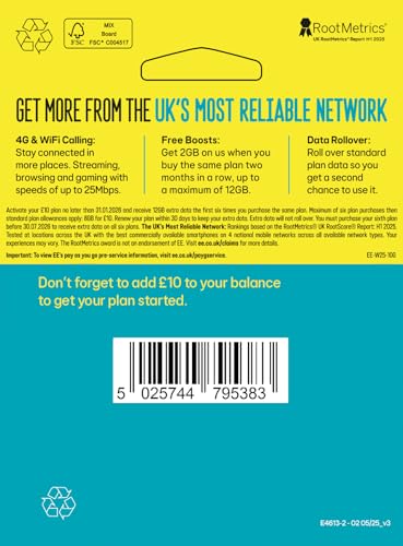 EE Pay As You Go SIM Card UK PREPAID PAYG £10 Bundle - 8GB + Unltd Texts & 500 Mins