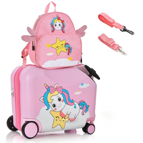 COSTWAY Maleta con Mochila Infantil, Equipaje de Viaje para Niños con Ruedas, Trolley de Cabina (Rosa Unicornio)