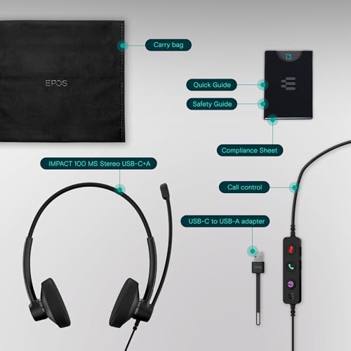 EPOS Impact 100 MS Stereo USB-C+A Headset with Microphone, Certified Microsoft Teams, Noise-Cancelling Mic, Lightweight, Call Control, USB Adapter, Soft Earpads, Professional UC Headphones by EPOS - Image 5