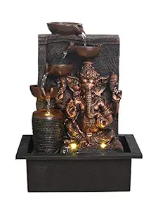 CHRONIKLE Polyresin Golden Brown Ganesha Tabletop Indoor 4 Diya Steps Waterfall Fountain for Home Decor with Yellow LED Light & Water Flow Controller Pump (Size: 39 x 29.5 x 22CM | Weight: 2195grm)