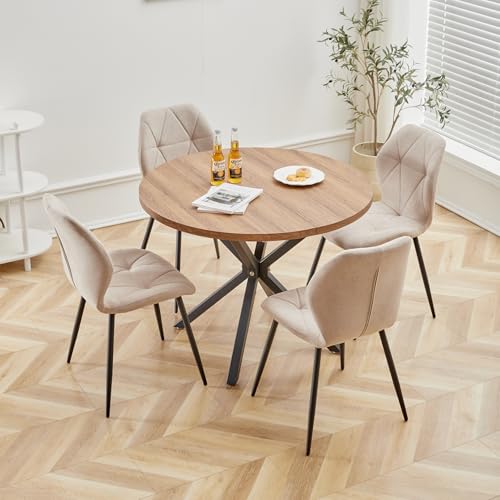 BenyLed Juego de Mesa y Sillas de Comedor, Mesa de Comedor Redonda con 4 Sillas Tapizadas (Tela de Lino), Ideal para Cocina, Sala, Comedor (marrón_Caqui)