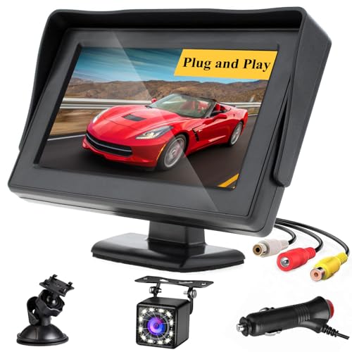Kit de Camara Trasera para Coche 4,3 Pulgadas, Cámara de Marcha Atrás Coche con Monitor, Cámara para Coche Aparcamiento Coche Prueba de Agua IP68 12 LED Visión Nocturna para Furgonetas, SUV, Camiones