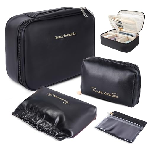 Travel Makeup Bags Set, 4 Pcs PU Leather Cosmetic Organizer Bag with Jewelry bag, Large Make Up Cosmetic Bag with Divider and Handle, Portable Travel waterproof Vanity Bag for Women Girl (Black)