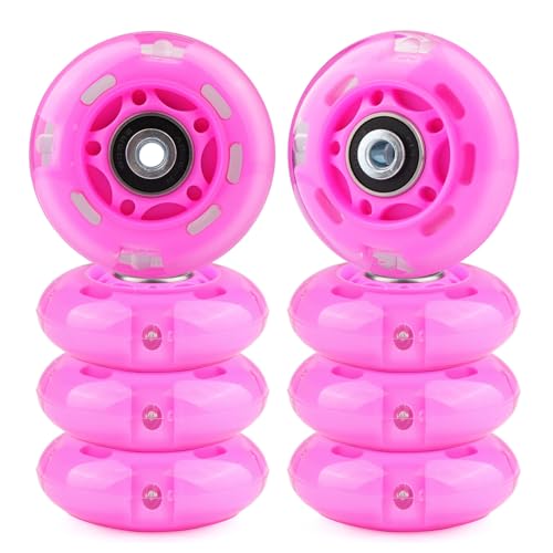 Gladeer Inline Skate Wheels Light Up 85A Indoor Outdoor Replacement Wheels with ABEC-7 Bearings for Kids & Children Beginner Inline Skates, Pack of 8 (Pink, 64mm)