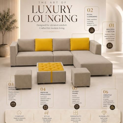 Image of FURNY Olympus 8 Seater RHS L Shape Sofa Set | Plush Velvet Suede Fabric | Modern Design | Soft Comfort Dual Color Cushions for Living Room, Office & Hotels (Beige-Yellow)