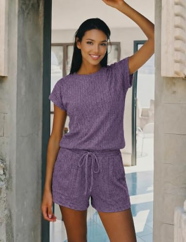 Ekouaer Rompers for Women Summer Casual Cap Sleeve Crewneck Short Pants Jumpsuit Beach Vacation Outfit with Pockets Purple M — view 3