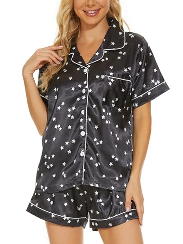 Image of MyFav Womens Satin Pajamas Set Button Down 2 Piece Silk Nightwear Shorts Set Soft Notch Collar Sleepwear Loungewear,Star,XS