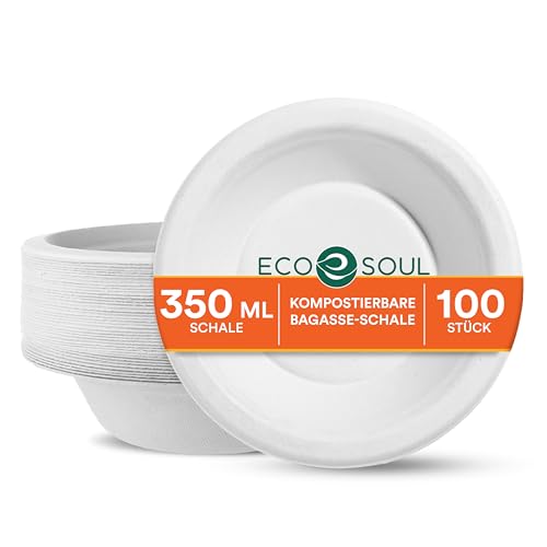 ECO SOUL 100% Kompostierbare weiße 12Oz (350ml) Suppenschalen 100 Stück | Biologisch abbaubare Einwegschalen aus Bagasse | Umweltfreundlich mikrowellengeeignet & stabil