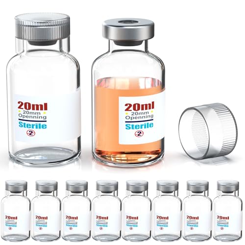 Biomed Solutions Sterile Empty Vial with Reusable Plastic Cap,Ready to Fill Glass Containers, Liquid Injection Bottle Sealed with Self Healing Injection Port (20ml Clear 10pcs)