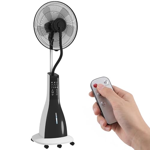 HOMCOM Ventilatore Nebulizzatore con Serbatoio da 3L, 3 Velocità e 3 Modalità, Ventilatore a Piantana con Ruote, Timer 7.5h, Oscillazione 75°, Inclinazione 15°, Display LED, Telecomando, 90W, Ø50cm