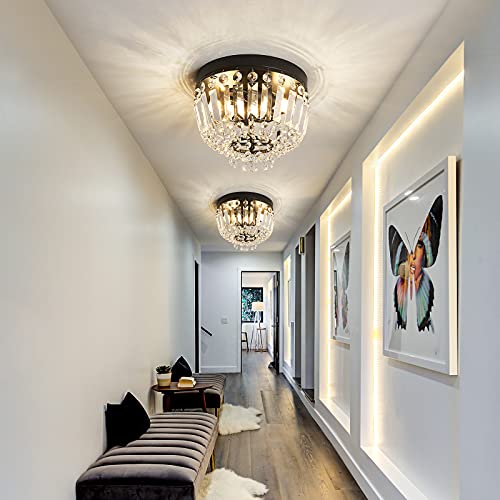 Cvkash 2-Light Crystal Mini Ceiling Light Fixture Modern Semi Flushmount Closet Chandelier Ceiling Lamp For Hallway Bedroom Kitchen Bathroom D9.84 X H7.87 E26 Bulb Base（Black） #TOP1