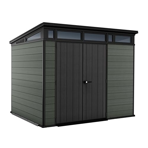 Cortina 9x7 ft Outdoor Storage Shed with All‑Weather Wood‑Look Panels, Skylight, Window, Steel Reinforcement & Lockable Double Doors, Green