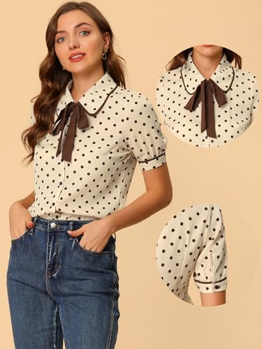 Image of Allegra K Polka Dots Blouse for Women's Peter Pan Collar Bow Tie Neck Puff Sleeve Vintage Shirt Top
