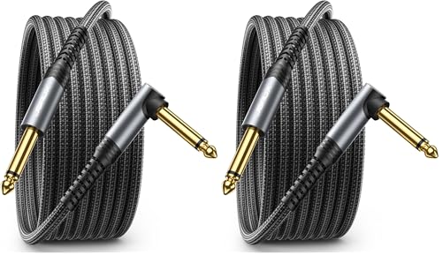 Image of JSAUX Guitar Cable 10 ft, Amp Cord for Electric Guitar /Mandolin /Bass, Pro Audio Instrument Cable with 1 /4 inch Tips(TS Port) Right Angle to Straight-Gray (Pack of 2)