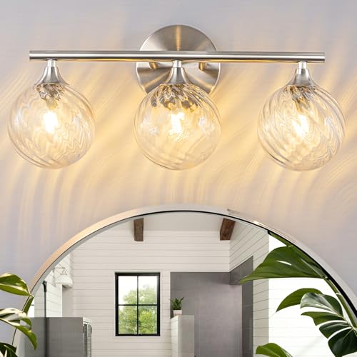 Image of WILON 3 Lights Bathroom Vanity Light, Brushed Nickel Vanity Lights for Bathroom, Modern Bubble Globe Bathroom Light Fixtures Over Mirror, Dimmable G9 Base Vanity Lighting with Clear Glass Shade