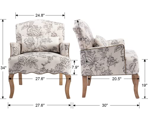 Cimota Floral Armchair Upholstered Single Sofa Chair Mid Century Modern Accent Chair Linen Arm Chair With Wood Legs/Pillow/Comfy Reading Chair For Living Room/Bedroom Fireplace, Beige, 1Pc #TOP1