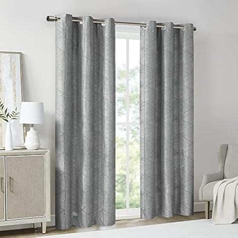 Beautyrest Francis Total Blackout Window Curtain Set of 2, Geometric Diamond Jacquard Design with Magnetic Closure and Grommet Top Easy to Hang, Fits up to 1.25" Diameter Rod, 42" x 84", Grey Cover