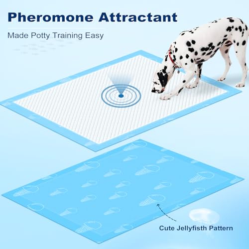 Image of MIZOK Dog Pee Pads 36x36in Jumbo Dog Pads Super Absorbent Up to 11 Cups Marine Scented Odor-Control Pee Pads with Jellyfish Pattern, Quick Dry & Leak-Proof (100 Counts)
