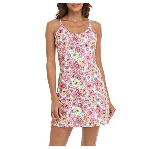 HDE Womens Exercise Workout Dress with Built-in Shorts Sleeveless Athletic Dresses for Golf Tennis Retro Floral - L
