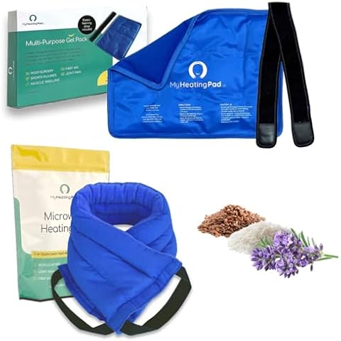 My Heating Pad Bundle of Multipurpose Lavender Microwave Heating Pad + 15''x11'' Reusable Gel Ice Pack with Elastic Fastener for Hands-Free Application for Arm, Leg, Knee, and Back -2 Packs Blue Cover