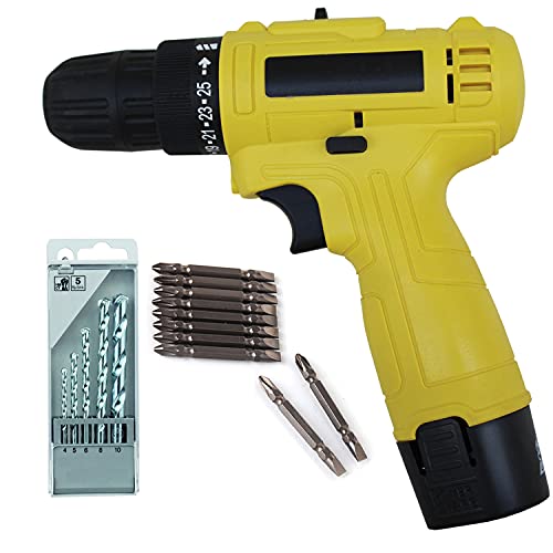 Image of Multi Function Cordless Drill Machine 12V Lithium-Ion with 2 Battery & Two Speed Control with 5pcs Masonry Drill Bit Set and PH2(+ /-) 10pcs Bits (Color-Multi, Material- Plastic,Size -compact)