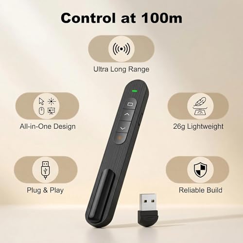 Multifunktionaler Präsentationspointer, Drahtlose Fernbedienung für PowerPoint, Keynote, Google Slides, PDF, MS Word, Kompatibel mit Windows und Linux, 30 Meter Reichweite, Plug Play