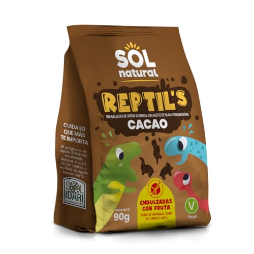 Sol Natural – Reptil’s Galletas de Avena y Cacao BIO con Fruta – Veganas y Ecológicas – Sin Gluten - Endulzadas con Dátil - Con Aceite de Oliva Virgen extra – Snack Infantil Saludable – 90 g