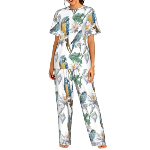 Pyjama à manches courtes femme en tissu doux imprimé perroquets