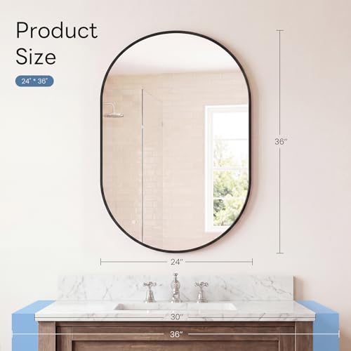Image of Sweetcrispy 24 inch x 36 inch Black Bathroom Mirror for Wall, Oval Wall Mirror with Metal Frame, Tempered Glass, Modern Vanity Mirror for Over Sink, Living Room, Bedroom, Entryway, Horizontal or Vertical