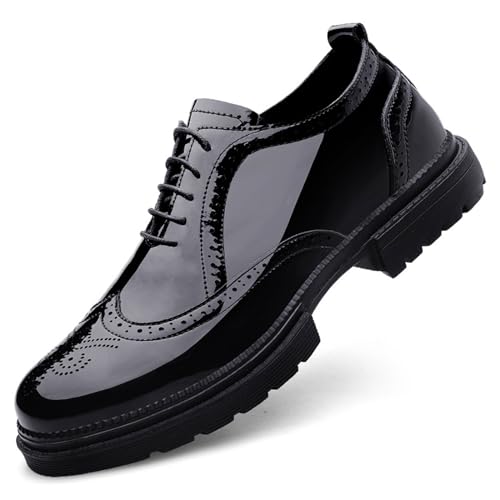 Men's Patent Leather Oxfords Wingtips Derby Shoes Men Classic Round Toe Lace Up Thick Sole Dress Breathable Handmade Formal Shoes for Business Work