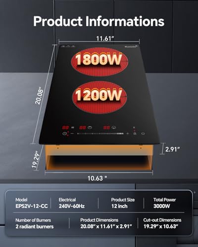 Image of Ranein GEN II 12 Inch 2 Burner Electric Cooktop, Max 3000W 240V Ceramic Panel Built-in Electric Stove Top, with Child Safety Lock, Timer, Over-Temperature Protection