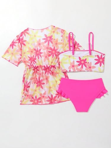 Verdusa Toddler Girl's 3 Piece Swimsuit Floral Print Ruffle Trim Bikini Swimsuit with Kimono Cover Up2