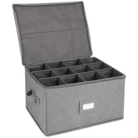 popoly Stemware Storage Cases, Wine Glass Storage Box Containers with Dividers, Stackable China Storage Containers for 12 Wine Glasses, Drinkware, Glassware or Crystal (Light Grey) Cover