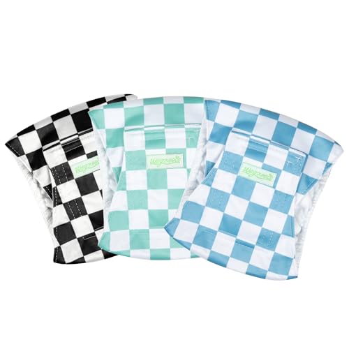 Image of wegreeco Washable Male Dog Belly Band (Stylish Pattern)- Pack of 3 - Washable Male Dog Belly Wrap, Dog Diapers Male (Blue, Green, Black Checkerboard, Large)