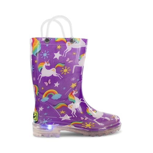 Western Chief Botas de lluvia impermeables para niñas que se iluminan con cada paso, morado (Rainbow Unicorn), 22.5 EU