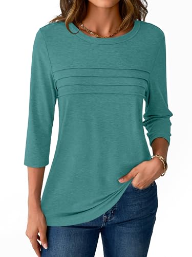 NORACORA 3/4 Sleeve Tops for Women T Shirts Dressy Casual Spring Fall Outfits Pleated Front Shirts Round Neck Casual Tunic Basic Tee Tops Cyan L — view 4