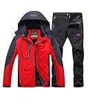 LiangZhu Herren Skijacke Segeljacke Snowboarjacke Warme Outdoorjacke Wasserdicht Atmungsaktiv Top + Hose Zweiteilig Rot Schwarz M