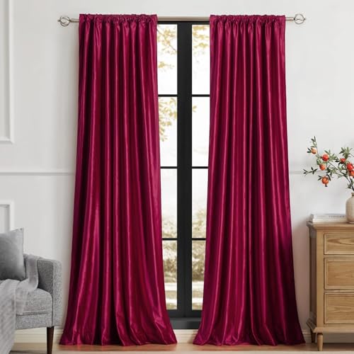 Image of PRIMROSE Red Curtains 102 inch for Living Room Velvet Drapes Blackout Rod Pocket Back Tab Window Treatment Semi Room Darkening Decor Curtains for Bedroom Set of 2 Panels