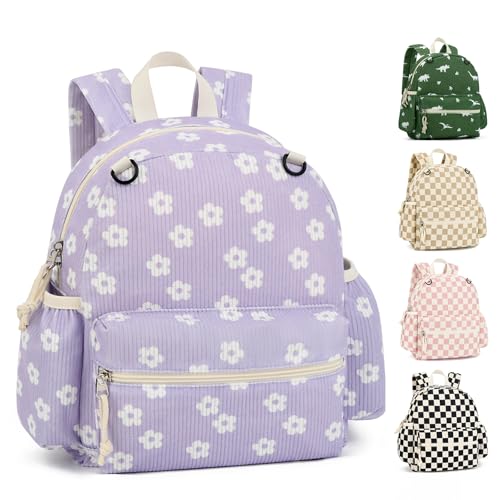 Image of Corduroy Toddler Backpack for Boys & Girls, Kids Backpacks | Small Kids Bookbag for School, 2-4 Preschool Kindergarten Backpack, Toddler Daycare Backpack - Flower-Purple