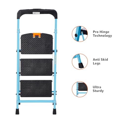 Image of Amazon Basics - Foldable Step Ladder with Tool Tray, Safety-Clutch Lock, Ribbed Steps, Anti-Skid Rubber Shoes, 3 Steps (Iron Ladder, Black & Blue)