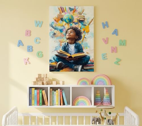 Image of Black Boy Reading Canvas Wall Art Inspirational Books For African American Boys Painting Picture Wall Decor African Boy Poster Print Artwork for Teenagers' Living Room Study Home Decoration 12x16in