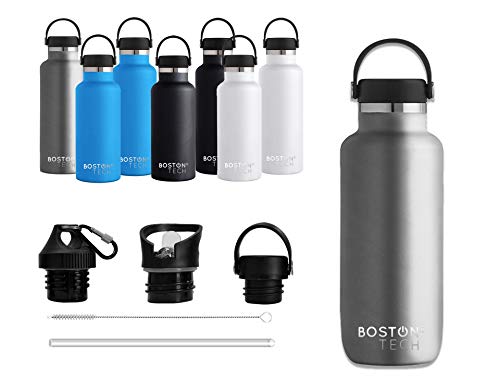 Boston Tech SP2 - Bouteille d'eau en Acier Inoxydable 18/8, à Double paroi Isolation sous Vide. Performance maximale pour Froid et Chaud 3 Capuches incluses (Argent 500ml.)