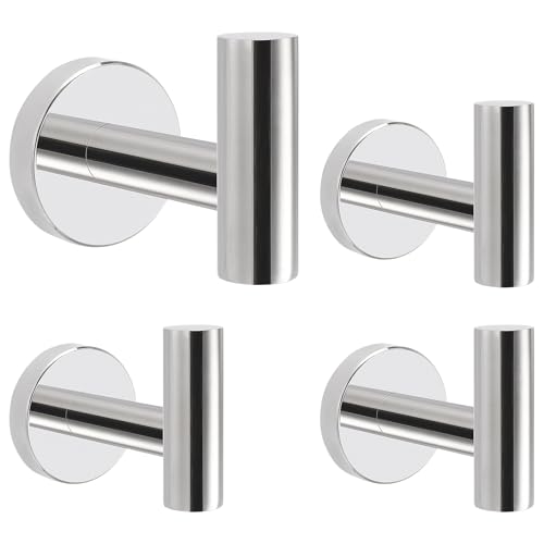 Livabber Bathroom Towel Hooks 304 Stainless Steel Robe Shower Hooks Wall Mounted Heavy Duty Towel Hangers for Bathroom Kitchen Bedroom (4 Pack Chrome)