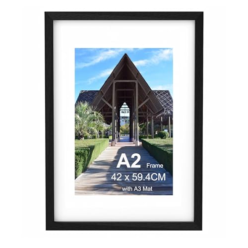 Szyeequoo A2 Picture Frame Black 1 Pack Large 42 x 59.4 cm Wooden Poster Frame with Mount for A3 29.7 x 42 cm Display Clear Acrylic Front Wall Hanging for Artwork Certificates