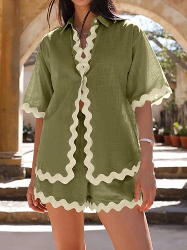 Image of Danedvi Womens 2 Piece Outfits Beach Vacation Summer Short Sleeve Button Down Shirts and Shorts Lounge Sets